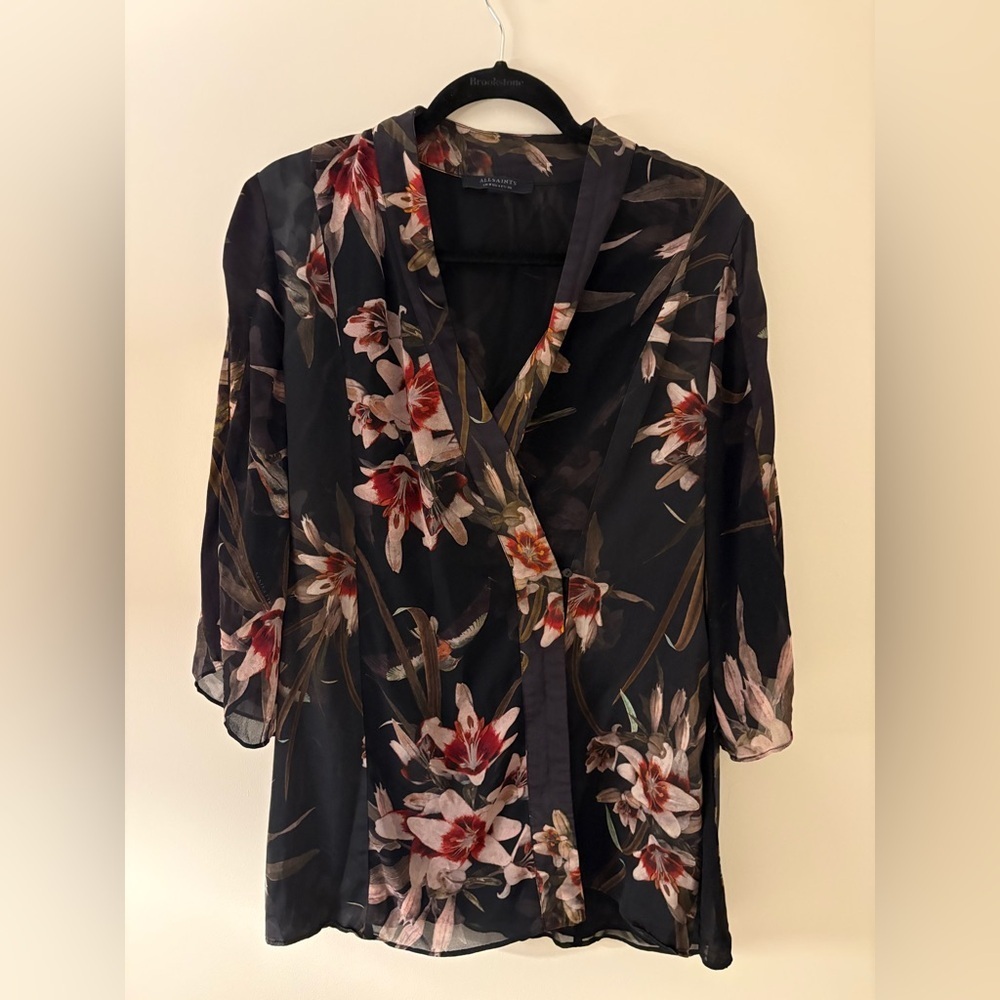 ALLSAINTS Elsie Kuroyuri Kimono Open Front Wrap Blouse Size 4 Feminine Luxury - Picture 4 of 14